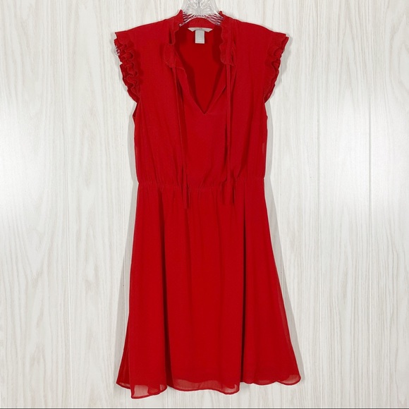 H&M Dresses & Skirts - H & M | Red Chiffon Dress With Flutter Sleeves Size 4